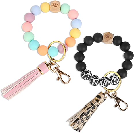Photo 1 of 2  Pack Keychain Bracelet Silicone Wristlet Stretchy, Key Ring Bracelets with Leather Tassel for Women, Cute Women Beaded Bangle Keychain Wristlet Leather Tassel