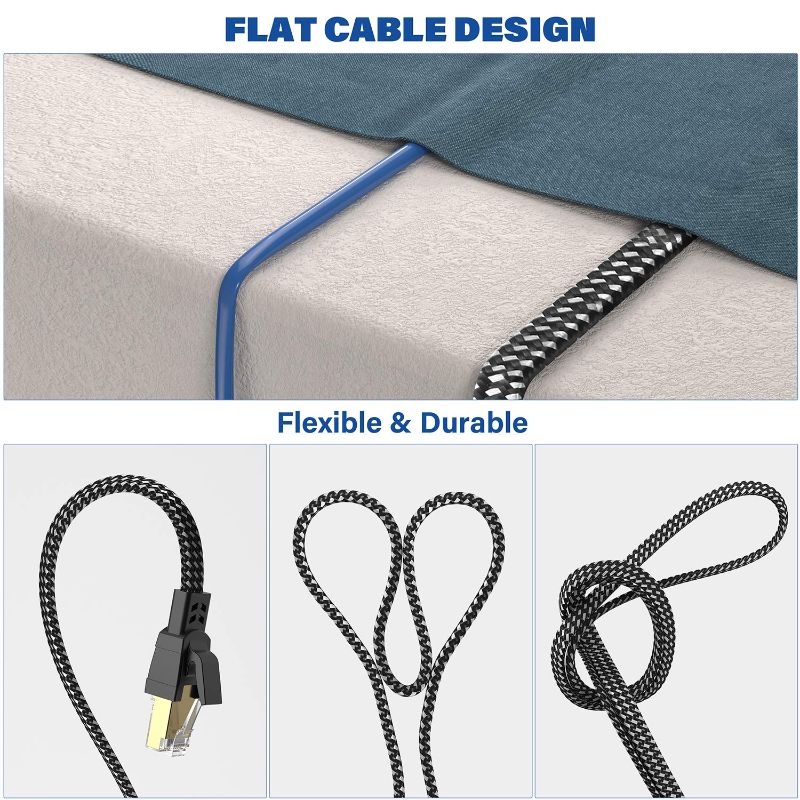 Photo 1 of Cat 8 Ethernet Cable 40 ft, Nylon Braided High Speed Heavy Duty Cat8 Network LAN Patch Cord, 40Gbps 2000Mhz SFTP RJ45 Flat Internet Cable Shielded in Wall, Indoor&Outdoor for Modem/Router/Gaming/PC