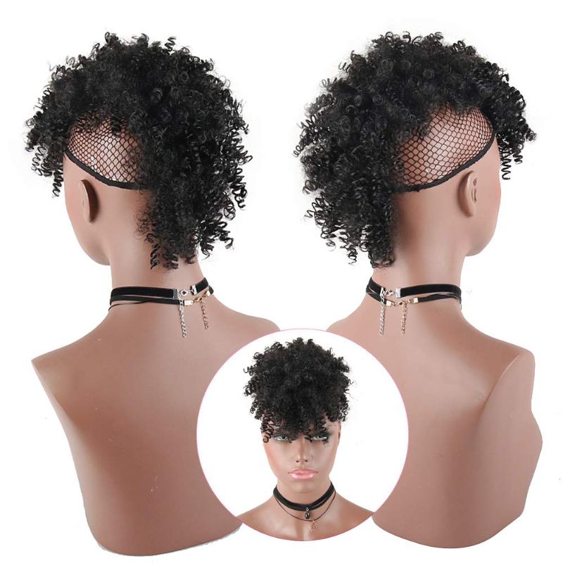 Photo 2 of Aisaide High Puff Afro Ponytail with Bangs Drawstring,Short Kinky Curly Drawstring Ponytail Extension,Synthetic Clip in Mohawk Ponytail Bun with Bangs,Wrap Updo Clip in Hair Extensions