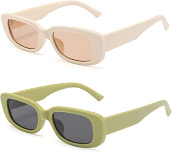 Photo 1 of Dollger Rectangle Sunglasses for Women Retro Fashion Sunglasses UV 400 Protection Square Frame Eyewear, BEIGE & GREEN 