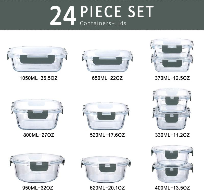 Photo 2 of 24-Piece Glass Food Storage Containers with Upgraded Snap Locking Lids,Glass Meal Prep Containers Set - Airtight Lunch Containers, Microwave, Oven, Freezer and Dishwasher
