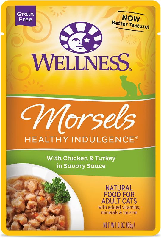 Photo 1 of Wellness Healthy Indulgence Grain-Free Wet Cat Food, Made with Natural Ingredients Proteins, Complete and Balanced Meal, 3 oz Pouches (Gravies, Morsels, & Shreds), Pack of 24 , Best By October 23 2022
