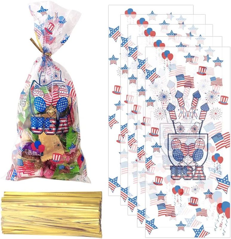 Photo 1 of 100pcs Plastic Patriotic Red White Blue Treat Bags, Clear Cellophane Gift Bags with Twist Ties for Party Supplies
