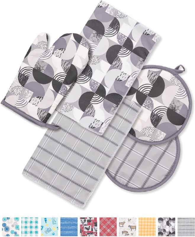 Photo 1 of YiHomer 5 Pack Kitchen Set | Oven Mitt and 2 Round Pot Holders of Quilted Lining with Cotton Wadding - 2 Dish Towels for Drying Dishes | Perfect for Gifting, Baking and Everyday Cooking (BA & GC)
