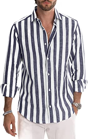 Photo 1 of Dokotoo Mens Button Down Long Sleeve Shirts Fashion Cotton Linen Striped Casual Beach Yoga Shirt XL
