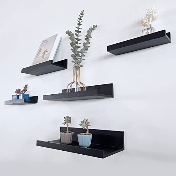 Photo 1 of Art Emotion Black Floating Shelves | Set of 5 | Wall Shelf | Wood Bathroom Shelves | Bedroom | Living Room | Kitchen | Office & More (Black)
