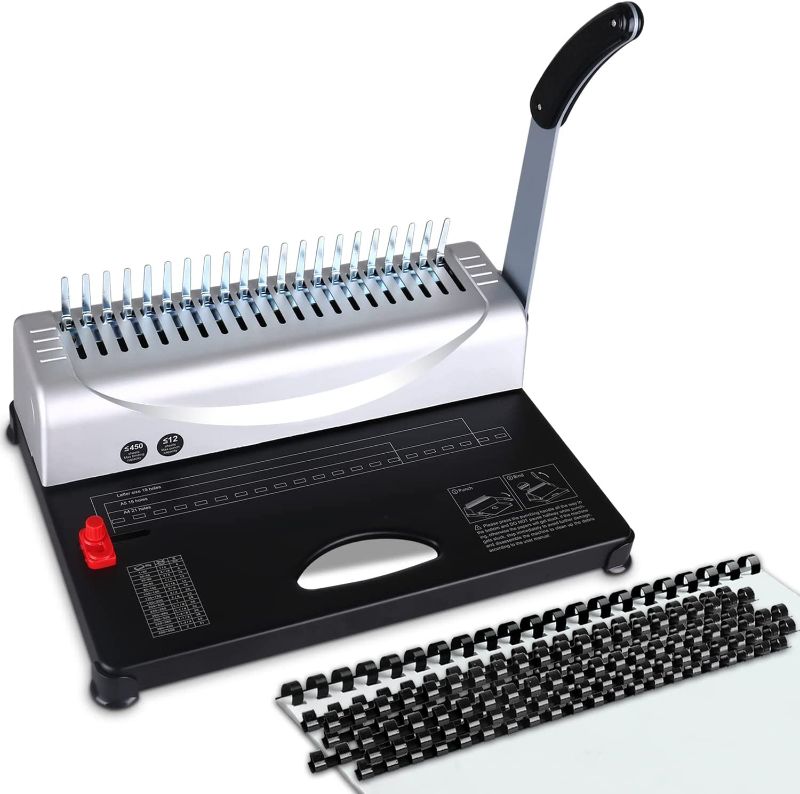 Photo 1 of MAKEASY Comb Binding Machine, 21-Hole, 450 Sheet, Paper Punch Binder with Starter Kit 100 PCS 3/8'' PVC Comb Bindings, Comb Binding Machine for Letter Size / A4 / A5
