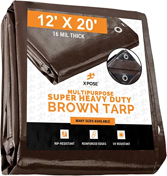 Photo 1 of 12' x 20' Super Heavy Duty 16 Mil Brown Poly Tarp Cover - Thick Waterproof, UV Resistant, Rip and Tear Proof Tarpaulin with Grommets and Reinforced Edges - by Xpose Safety
