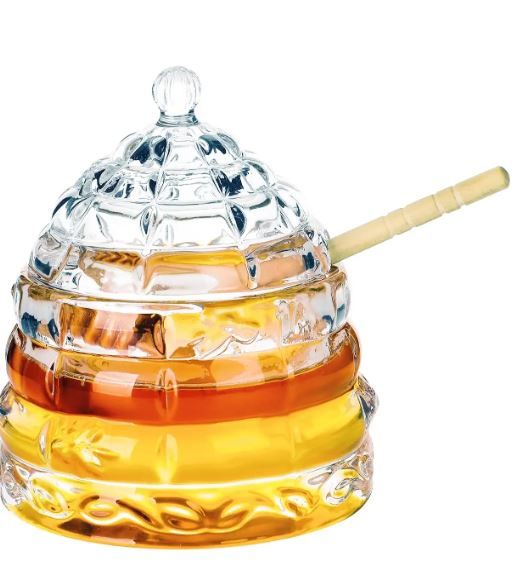 Photo 1 of 1500 C Tabletop Bee-hive Glass Honey Jars with Dipper and Lid 10 oz. Crystal Clear Heavy Glass Honey Pot Honey Containers Holder for Jam Jelly Syrup Home& Kitchen
