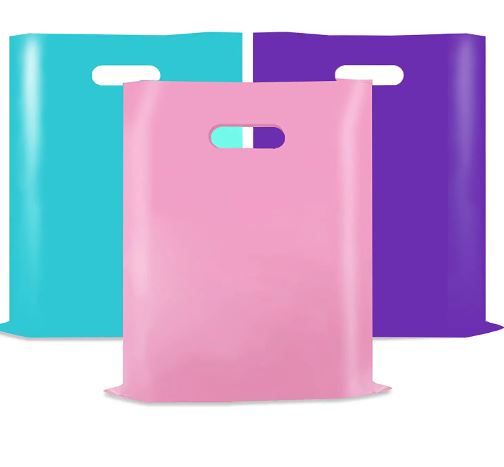 Photo 1 of 150 Pcs Glossy Merchandise Bags, 1.5 Mil Pink Blue Purple Plastic Retail Shopping Bags withe Die Cut Handle for Business, Boutique, Gifts and Tradeshows (12X15 Inch)
