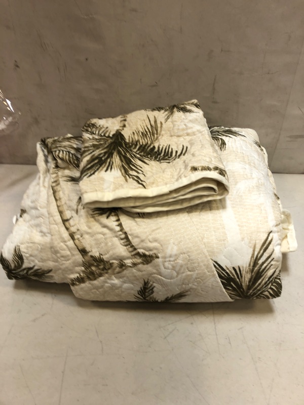 Photo 2 of 3-Piece Fine Printed Oversize (115" X 95") Tropical Palm Tree Quilt Set Reversible Bedspread Coverlet (California) Cal King Size Bed Cover (Beige