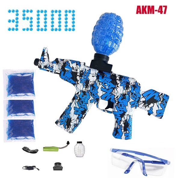 Photo 1 of CAISSA Electric Gel Ball Blaster, AKM-47 Splatter Ball Blaster Automatic, with 20000+ Water Beads and Goggles, for Outdoor Activities - Shooting Team Game, Ages 12+, Blue