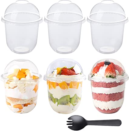 Photo 1 of 50Pcs 12oz Clear Plastic Cups with Dome Lids No Hole and 50Pcs Sporks, Disposable Dessert Party Cups for Ice Cream Cake Cold Drinks