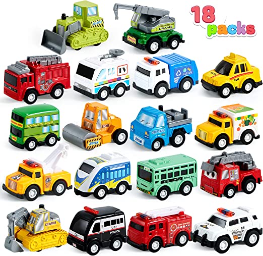 Photo 1 of 18 Piece Pull Back City Cars and Trucks Toy Vehicles Set Model Car, Friction Powered Die-Cast Cars for Toddlers, Boys, and Girls’ Educational Play, Easter Basket Stuffers Egg Fillers