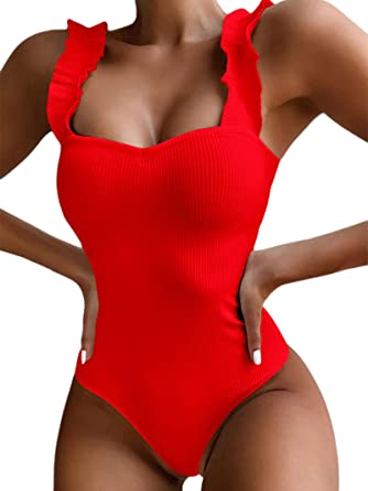 Photo 1 of Avanova Women's Ruffle Strappy Ribbed One Piece Swimsuits Tummy Control Swimwear Bathing Suits, SIZE L