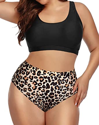 Photo 1 of Daci Womens Two Piece Bikini Plus Size Swim Tops with High Waisted Bottom Tummy Control Bathing Suits 16W Black & Leopard