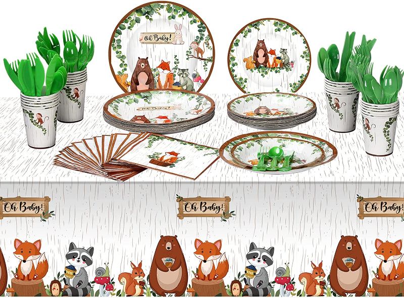 Photo 1 of 170 Pieces Woodland Creatures Tableware Set and Woodland Animals Tablecloth 24 Guests Dinner Plates Dessert Plates Cups and Napkins for Baby Shower Birthday Forest Animal Friends Theme Party Supplies
