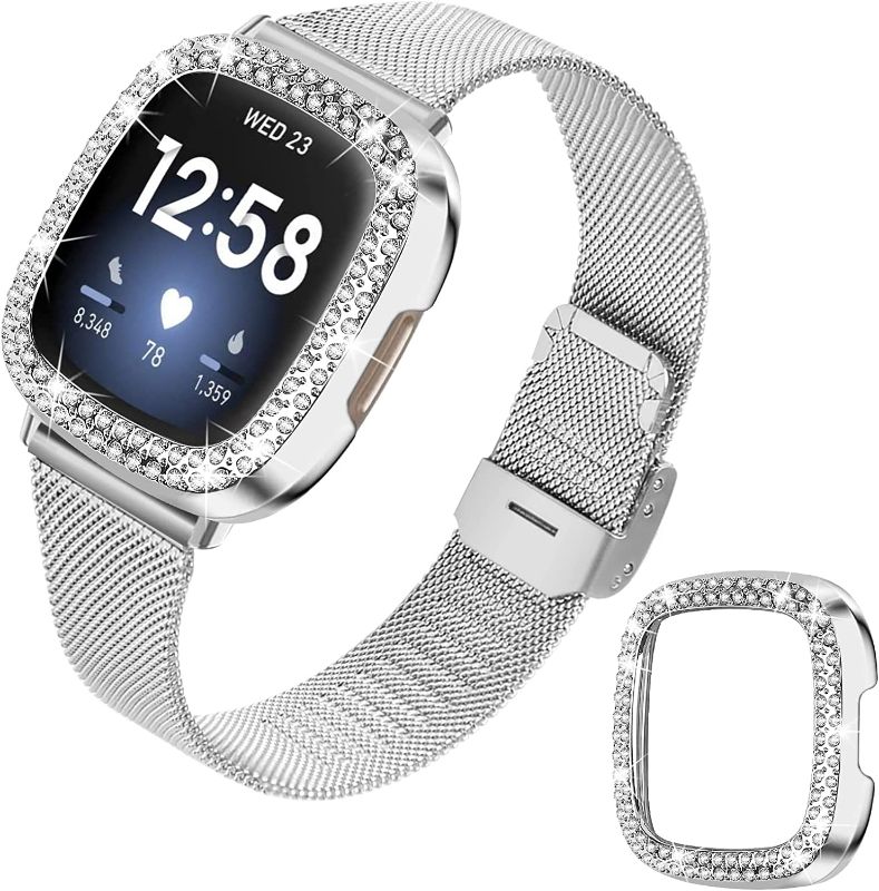 Photo 1 of Joyozy Slim Metal Bands Compatible with Fitbit Versa 3&Sense Smartwatch Thin Wristbands Bracelet with Bling Protective Case for Women (silver)
