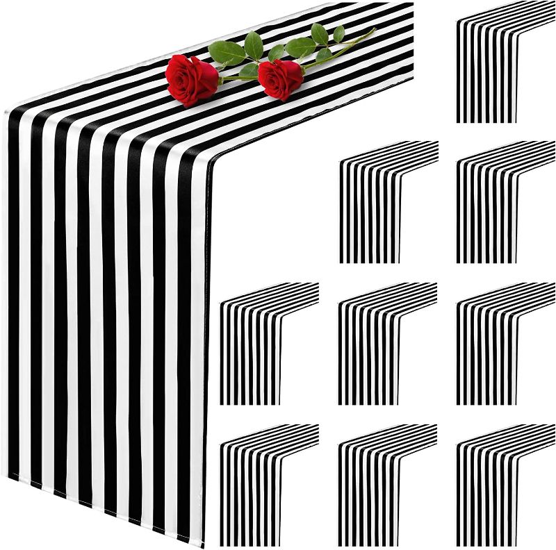 Photo 1 of 10 Pack Striped Table Runner Polyester Table Decor Classic Black and White Striped Table Runner Modern Elegant Design for Indoor Outdoor Events Banquet Party Wedding (12 x 72 Inch)
