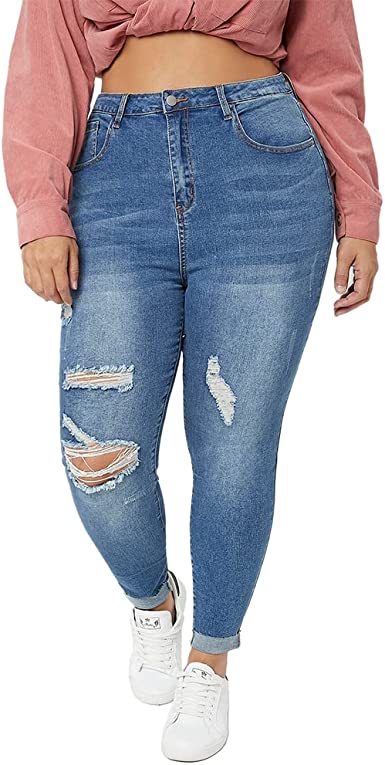 Photo 1 of ALLABREVE Women Plus Size Ripped Stretch Skinny Jeans, High Rise Distressed Denim Jegging. XL
