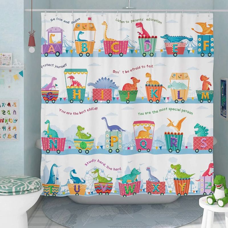 Photo 1 of DESIHOM Cute Dinosaur Shower Curtain Educational Kids Shower Curtain ABC Alphabet Shower Curtain Cartoon Animal Polyester 72x72 Inch

