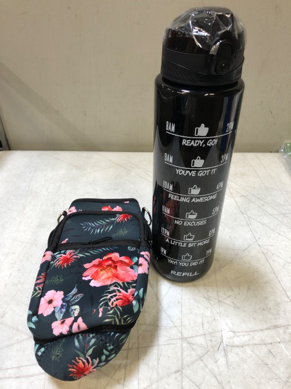 Photo 2 of 32 oz Water Bottle with Sleeve - BPA Free Leakproof Sport Large 1L Plastic Motivational Water Bottle with Straw & Strap & Insulated Neoprene Holder Carrier Bag Great Xmas Gift for Kids Women Men
