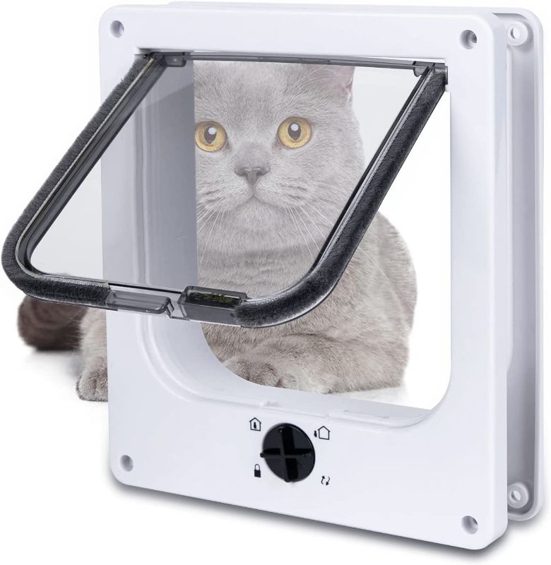 Photo 1 of  EGETOTA Cat Doors Flap, Magnetic Pet Door with 4 Way Locking for Interior Exterior Doors, Weatherproof Pet Door for Cats Doggie Kitties & Kittens, Easy Installation (White, M)
