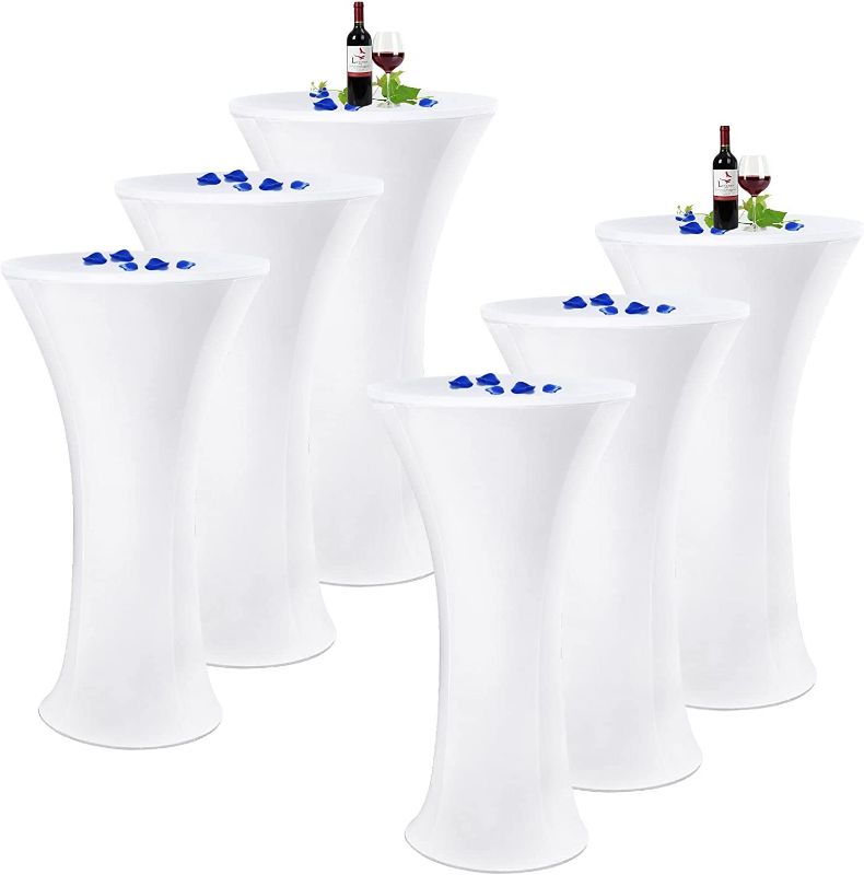 Photo 1 of 6 PCS Cocktail Table Cloths 24''x43'' Cocktail Stretch Round Tablecloth White Cocktail Elastic Table Cover Fitted High Top Round Tablecloth for Wedding Banquets Birthday Outdoor Party Bar Use
