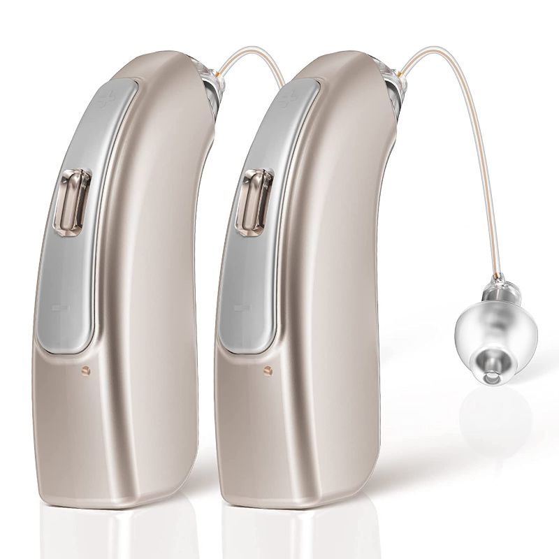 Photo 1 of iBstone Rechargeable Hearing Aids, RIC (Receiver in Canal) Digital Device with Dual Mic Noise Cancelling, 4 Modes for Different Frequency Hearing Loss, Champaign, RIC05, Pair
