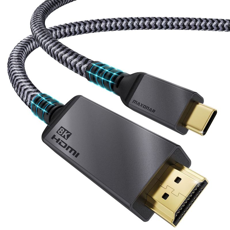 Photo 1 of USB C to HDMI Cable [8K, 48Gbps], Maxonar Type C to HDMI 2.1 Adapter Cord, 8K@30Hz, 4K@120Hz, HDR, [Thunderbolt 4/3, USB 4 Compatible] for iMac, MacBook Pro/Air M1 2021, iPad Pro, Surface Pro, 6ft
