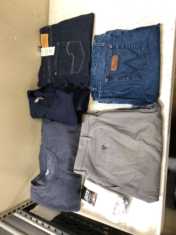 Photo 1 of  Grey Pants Size 42 x 34 , Long Sleeve Sweater Size 3XL , XL Compression Socks , Long Sleeve Blue Sweater Size Large , Blue Jeans Size 15x 34 ,Dark Blue Jeans Size 38 x 32 , 