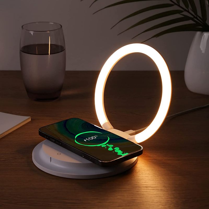 Photo 1 of Night Light with Wireless Charger, LED Bedside Lamp with Adjustable Lamp Stand, Touch Control Dimming Desk Lamp for Bedroom Living Room Decoration
