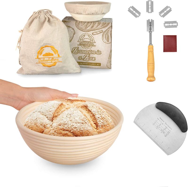 Photo 1 of BAKESHIFTERS Bread Proofing Basket Kit | Perfect 9-Inch Rattan Basket Set for Banneton, Sourdough | Make Round Oval Dough, Scraper, Liner, and Lame Included | Home Bread Baking Set and Quality Linen
