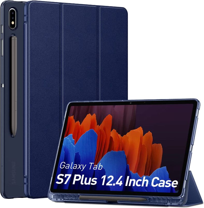 Photo 1 of Supveco Samsung Tab S7 Plus 12.4 Inch Tablet Case 2020 [SM-T970/T975/T976/T978], Translucent Soft TPU Back Shell with S Pen Holder, Slim Smart Trifold Stand Cover for Galaxy Tab S7 + 12.4'', Navy
