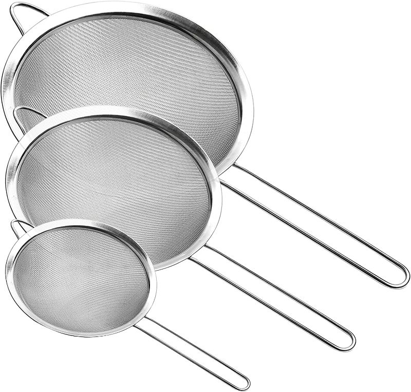 Photo 1 of   Fine Mesh Strainer, Stainless Steel Fine Mesh Sieve, Set of 3 Small Strainers Fine Mesh for Kitchen, Silver Colander Sieve Sifter with Long Handle, 3.2", 5.3", 7.8"
