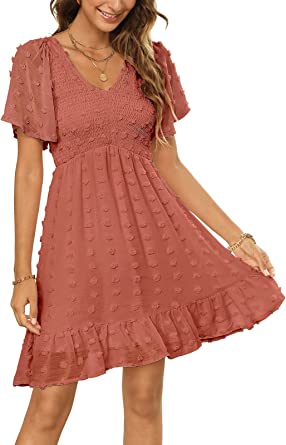 Photo 1 of Zattcas Womens Smocked Flutter Sleeve V Neck Ruffle Mini Swiss Dot Babydoll Dress---Size M
