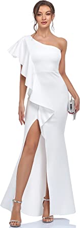 Photo 1 of Babalet Women's Sexy One Shoulder Formal Dress Side Slit Flounce Evening Prom Maxi Dress
