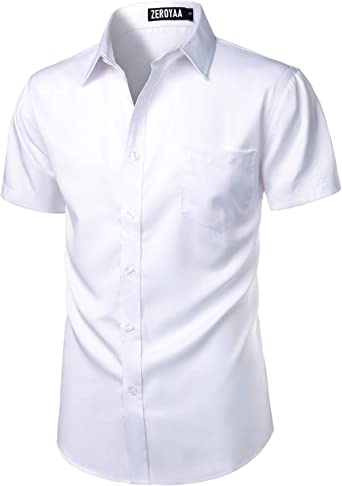 Photo 1 of ZEROYAA Men's Casual Urban Stylish Slim Fit Short Sleeve Button Up Dress Shirt with Pocket XL