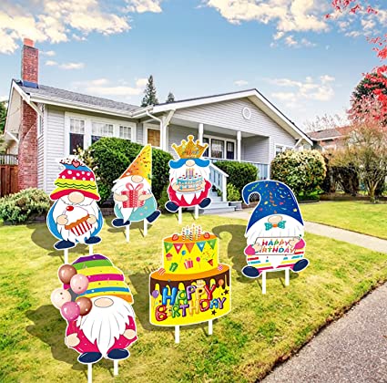 Photo 1 of 6 Pcs Happy Birthday Yard Signs, 15" Faceless Gnome Bday Yard Sign with Stakes Colorful Weather-Resistant Corrugated Plastic Board Signs for Outdoor Backyard Lawn Celebration Birthday Decorations
