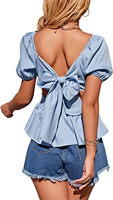 Photo 1 of EXLURA Women's Drawstring Square Neck Tie Back Off Shoulder Peplum Chiffon Tops Ruched Short Puff Sleeve Crop Top Blouse
XL
