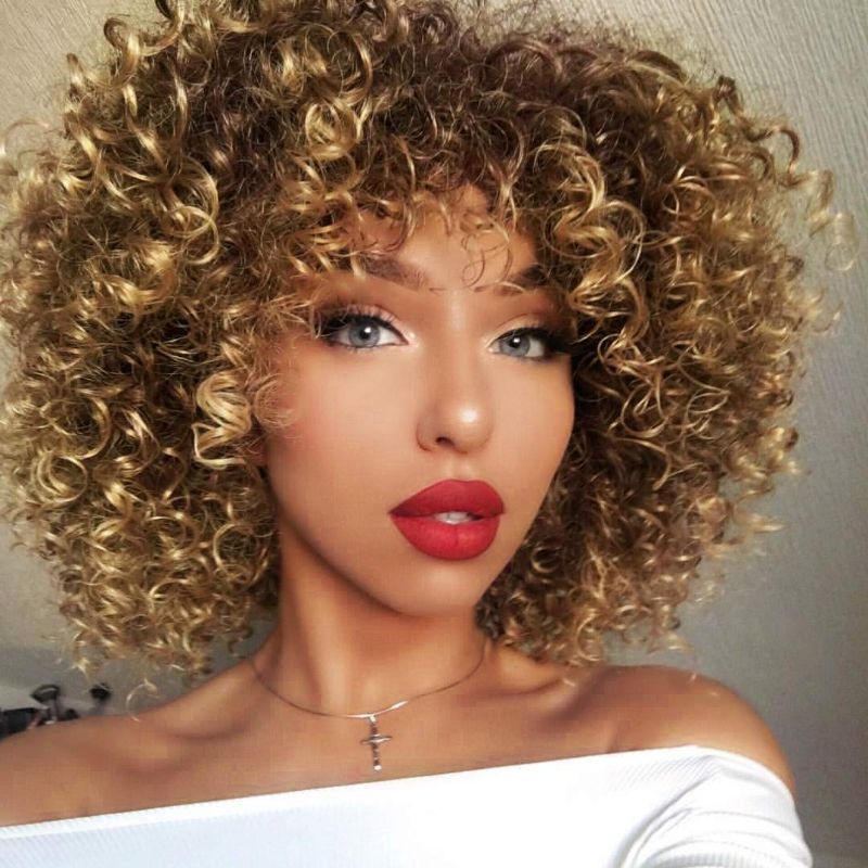 Photo 1 of Aisi Queens Afro Wigs For Black Women Short Kinky Curly Full Wigs Brown Mixed Blonde Synthetic Heat Resistant Wigs For African Women With Wig Cap