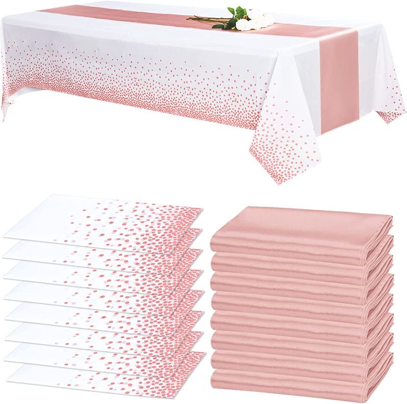 Photo 1 of 16 Pieces Rose Gold Tablecloth Satin Table Runner Set 12x108 Inch Table Runners 54x108 Inch Plastic Table Cover Rectangle Table Cloths for Party Decorations, Wedding, Birthday Celebration
