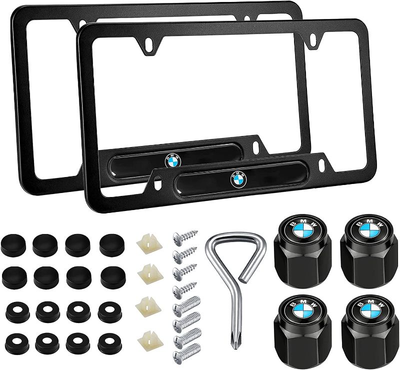 Photo 1 of 2PCS License Plate Frames for BMW, Black Car License Plate Holder Bracket, Premium Weather Proof Aluminum Alloy License Plate Covers with Screw Caps Cover Set Car Accessories for Man
