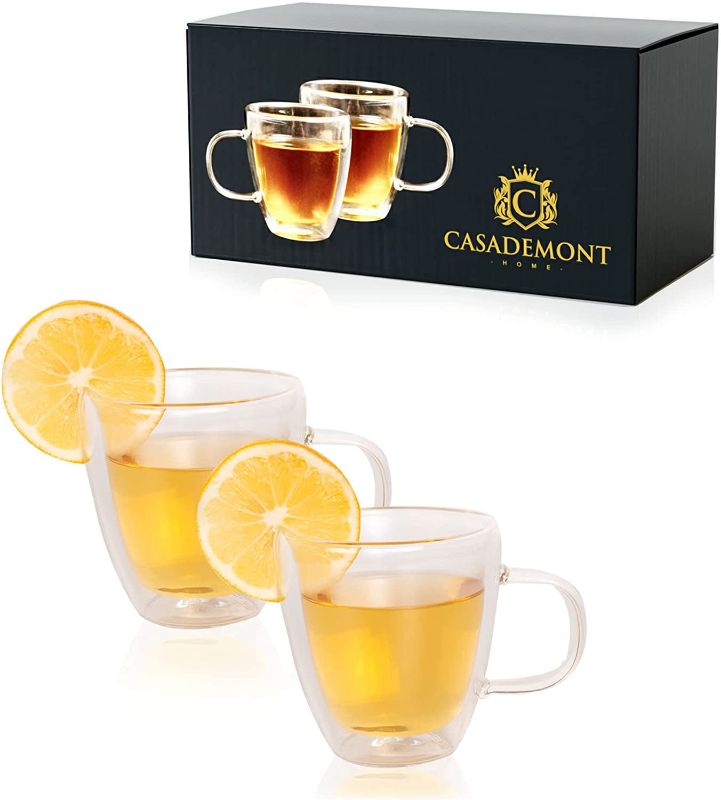 Photo 1 of Casademont Double Wall Tea Cup Set of 2 (5.4 oz, 160 ml) Borosilicate Double Insulated Clear Teacups with Handle Small Espresso Cup for Tea, Coffee, Espresso Heatproof Double Walled Glass Tea Cup Set