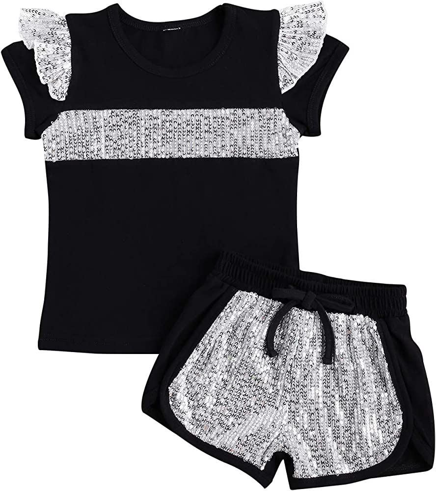Photo 1 of AvoDovA Toddler Baby Girl Clothes Sequins Pocket Knitted Short Sleeve T-Shirts+Shorts Set Outfit 2Pc - SIZE 3-4T -