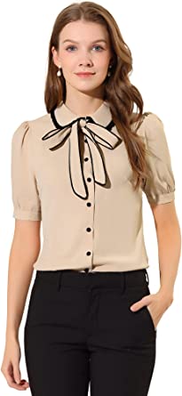 Photo 1 of Allegra K Work Tops for Women's Short Sleeve Tie Neck Button Down Shirt - MEDIUM -