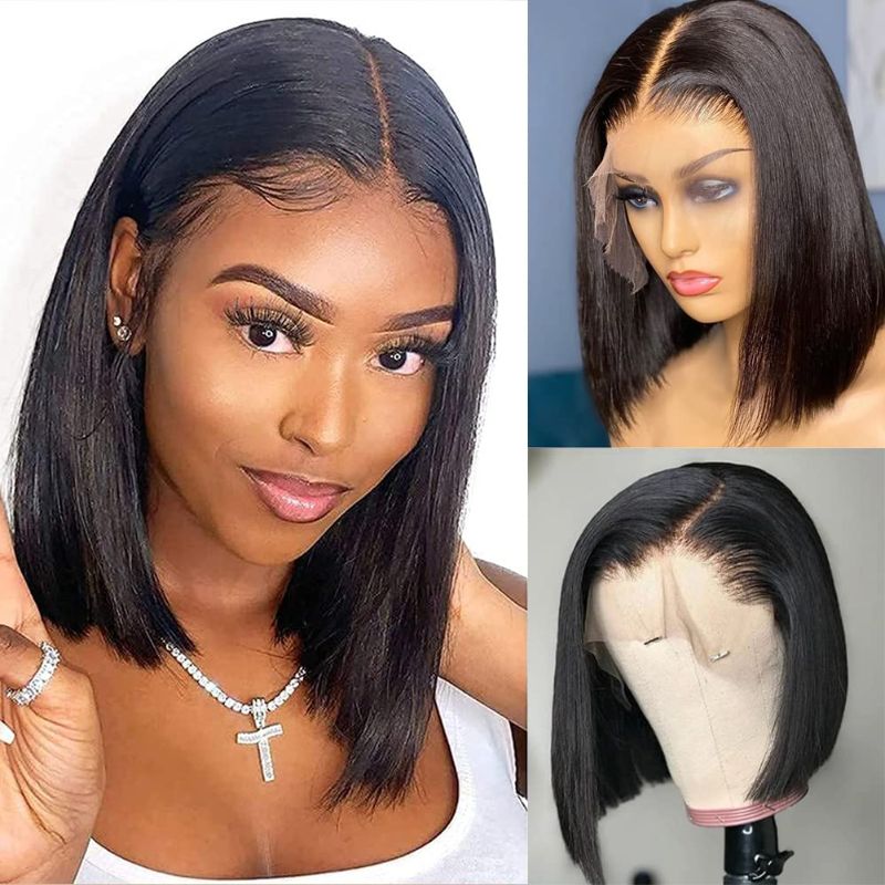 Photo 1 of 12 Inch Bob Wig Human Hair 13x4 Frontal Lace Wig Glueless HD Transparent Lace Bob Wigs Pre Plucked Suitable for Women 10A Bob Lace Front Wig with Baby Hair 160% Density Natural Black