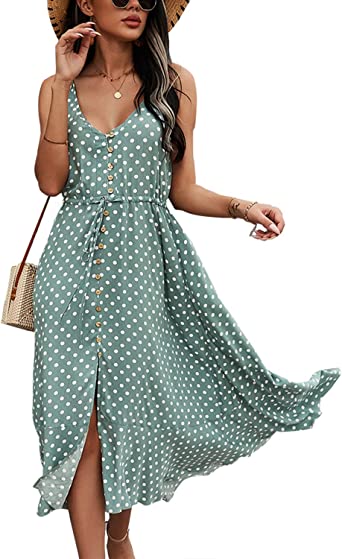 Photo 2 of BROVAVE Women's Summer Casual Boho Sundress Polka Dot Spaghetti Strap V-Neck Flowy Midi Dresses, XL
