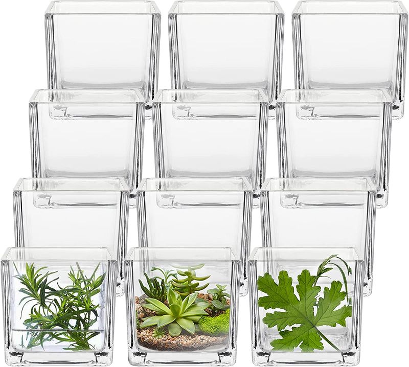 Photo 1 of 12 Pack Clear Square Glass Vases, Planter Terrarium Flowers Vase Candle Holder for Home,Garden, Wedding Centerpiece Decrations and Formal Dinners (Width 3", Height 3")
