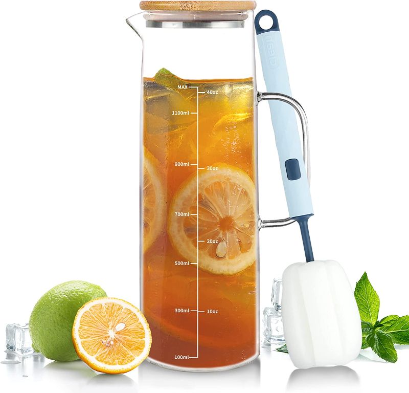 Photo 1 of ZRRHOO Glass Pitcher with Bamboo Lid and Spout, 52oz/1500ml Clear Water Pitcher with Scale Line and Brush, Heat Resistant Carafe for Iced Tea, Cold Brew, Juice, Sangria, Lemonade, and More
